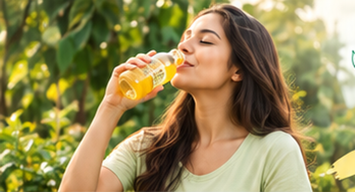 Woman enjoying a Wonder Gut drink outdoors